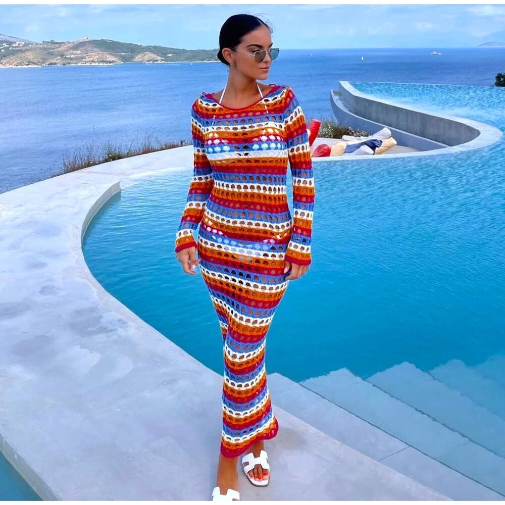 Mango NWT Rainbow Crochet Striped Maxi Dress 6